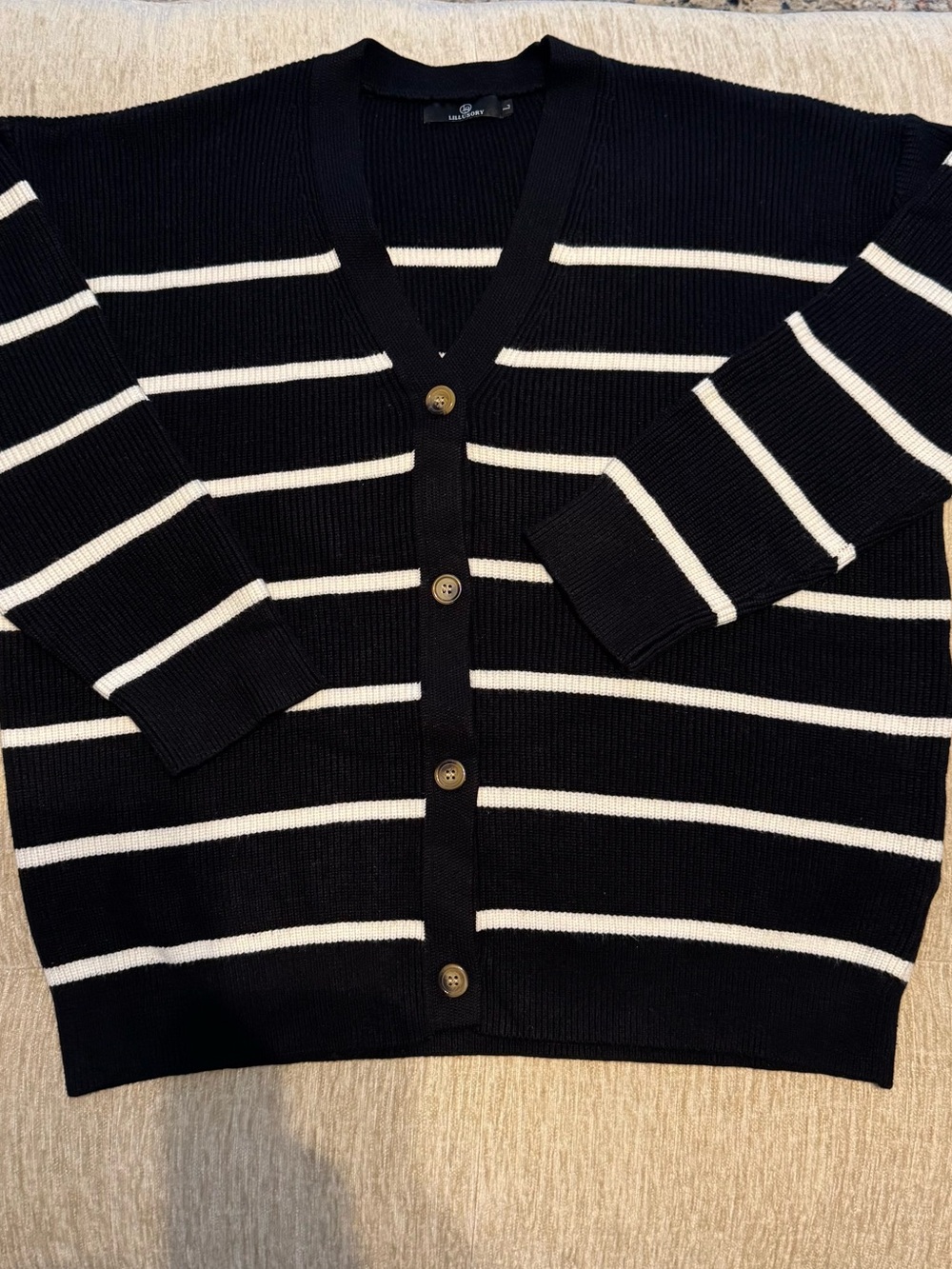 Black and White Striped V-Neck Button Cardigan Sweater size Large